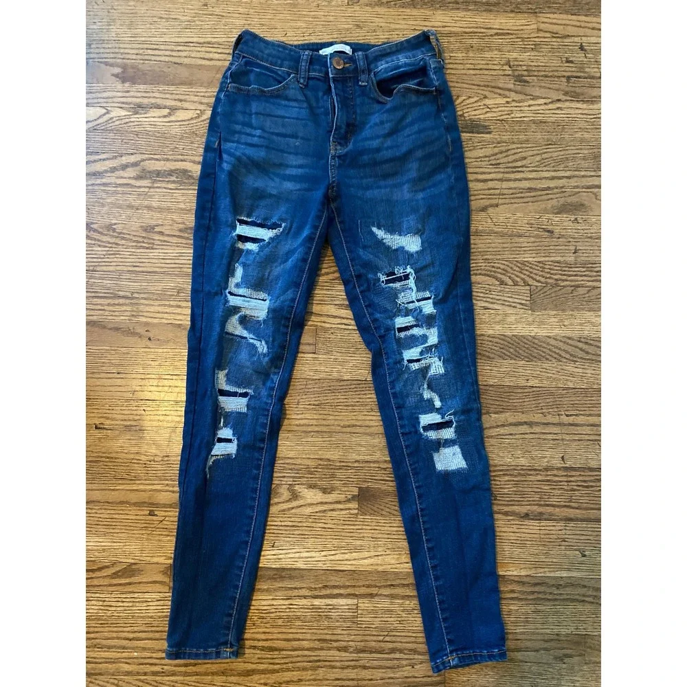SO‎ High Rise Curvy Jegging Dark Wash Distressed Ripped Skinny Jeans Womens 5/27